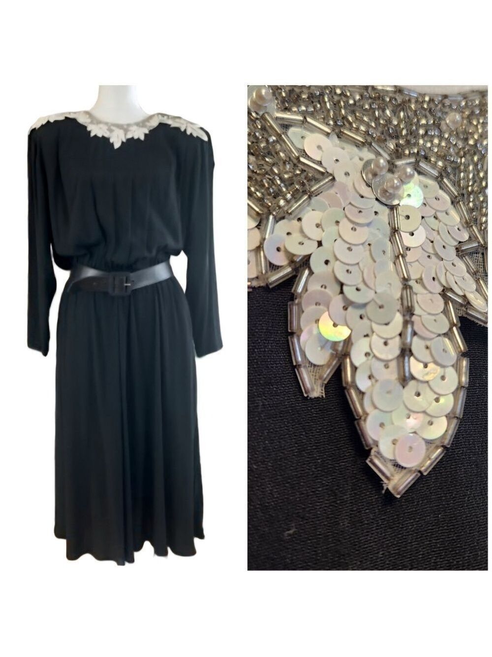 CAROL ANDERSON VINTAGE BLACK DRESS BEADED NECKLINE LONG SLEEVE MIDI SIZE 9/10